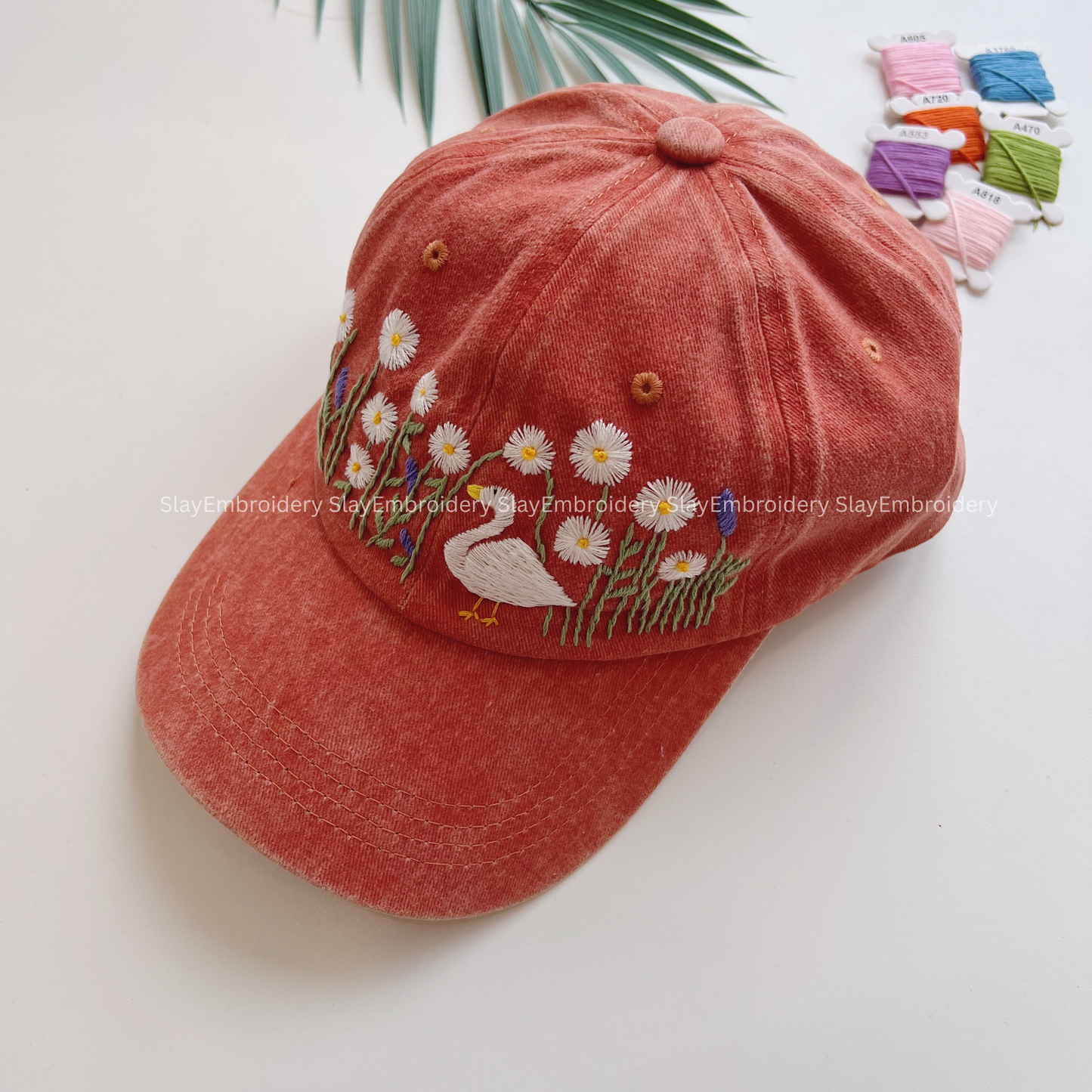 Duck In The Daisy Rose Garden Summer Hand Embroidery Hat Vintage Hat Washed Baseball Cap