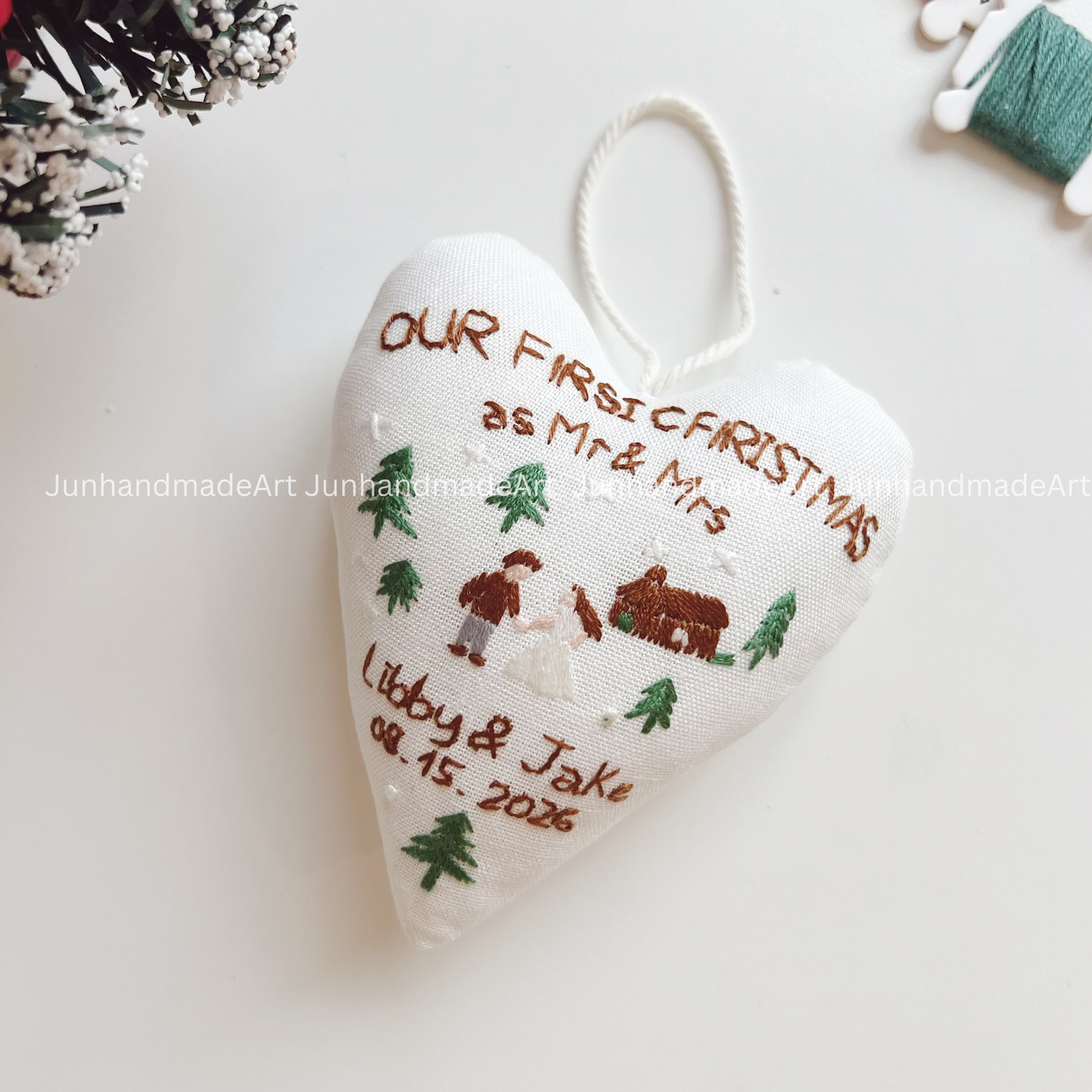 Wedding Holiday Heart Ornament – Hand Embroidered Linen Floral Ornament – Custom Christmas Gift Decoration