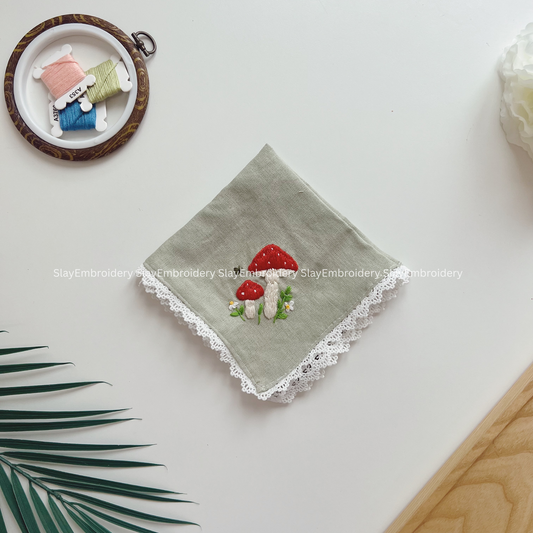 Under The Mushrooms Wedding Handkerchief, Custom Embroidered Handkerchief, Linen Handkerchiefs