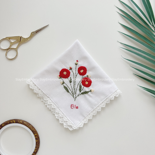 Poppy Garden Wedding Handkerchief, Custom Embroidered Handkerchief, Linen Handkerchiefs