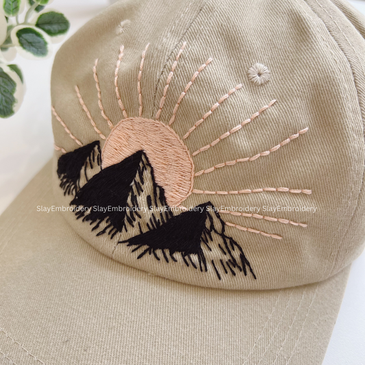 Sun Over Mountains Summer Hand Embroidery Hat Vintage Hat Washed Baseball Cap