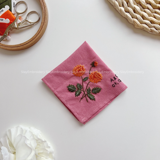 Dahlia Whispers Wedding Handkerchief, Custom Embroidered Handkerchief