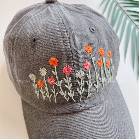 Rose & Daisy Bloom Summer Hand Embroidery Hat Vintage Hat Washed Baseball Cap