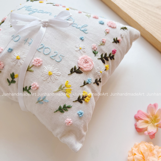 Pastel Little Flowers Bearer Pillow Linen Wedding Cushion Hand Embroidery Ring Holder Floral Ring Pillow Wedding Gift