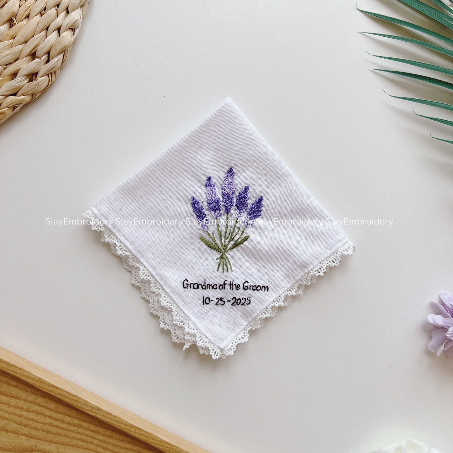 Lavender Bunch Wedding Handkerchief, Custom Embroidered Handkerchief, Linen Handkerchiefs