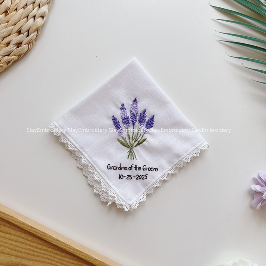 Lavender Bunch Wedding Handkerchief, Custom Embroidered Handkerchief, Linen Handkerchiefs