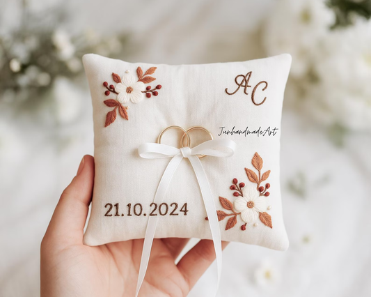 Personalized Embroidered Ring Bearer Pillow, Custom Linen Wedding Cushion, Hand Embroidery Ring Holder, Floral Ring Pillow, Wedding Gift