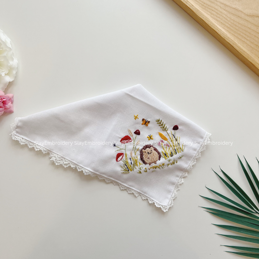 Hedgehog & Mushroom Wedding Handkerchief, Custom Embroidered Handkerchief, Linen Handkerchiefs