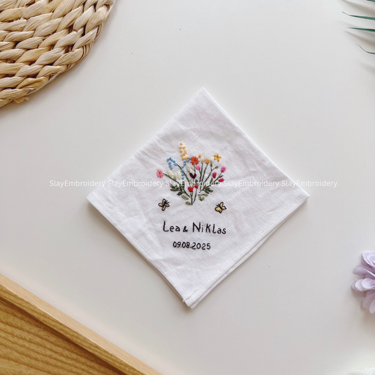 Wildflower Field Wedding Handkerchief, Custom Embroidered Handkerchief