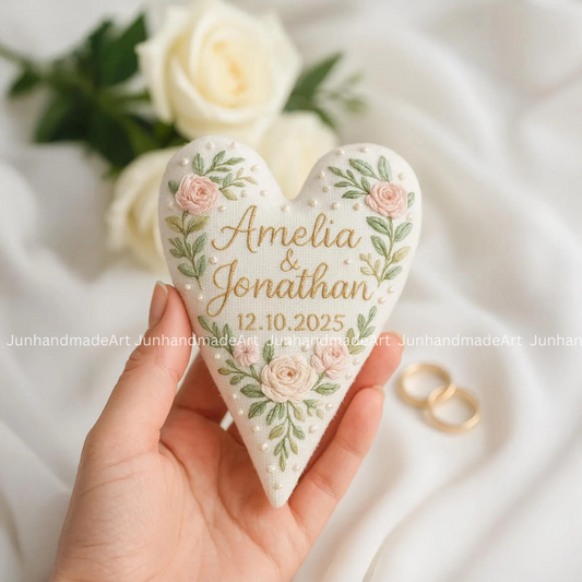 Refined Roses Wedding Heart Ornament – Hand Embroidered Linen Floral Ornament with Names & Date – Custom Wedding Christmas Gift Decoration