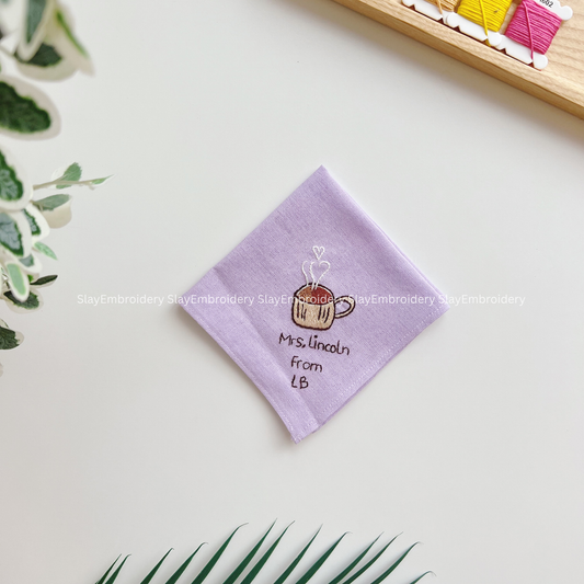 Coffee Cup Wedding Handkerchief, Custom Embroidered Handkerchief