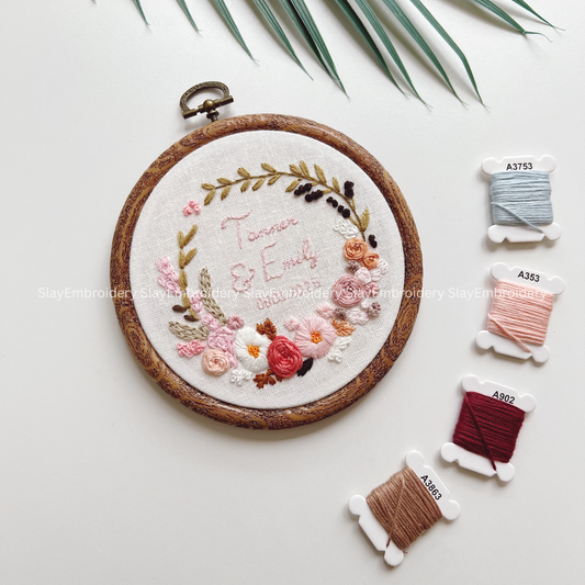 Custom Embroidered Rosy Wreath Wedding Hoop Custom Floral Wedding Hoops Wedding Gift