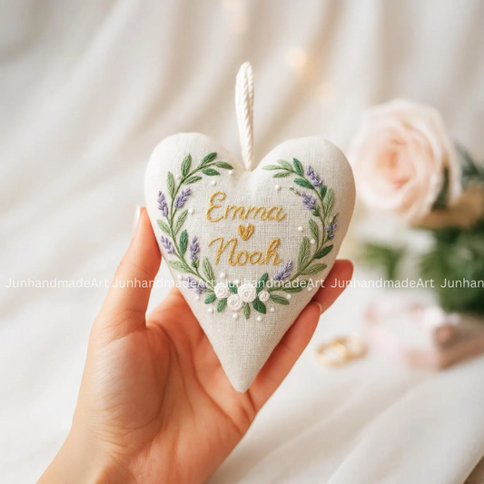 White Roses Wedding Heart Ornament – Hand Embroidered Linen Floral Ornament with Names & Date – Custom Wedding Christmas Gift Decoration