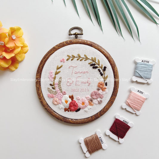 Custom Embroidered Rosy Wreath Wedding Hoop Custom Floral Wedding Hoops Wedding Gift