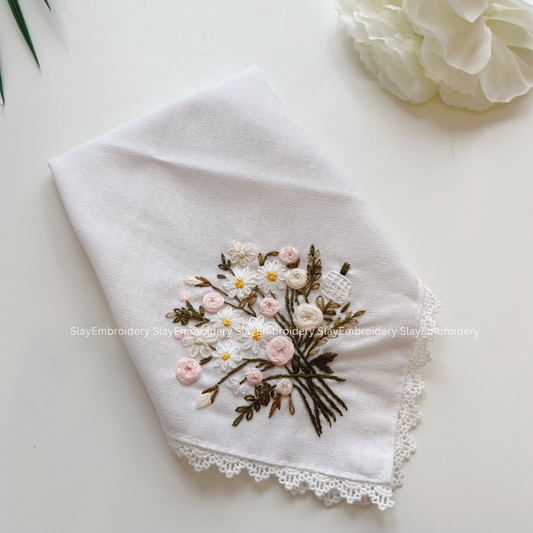 Pastel Bloom Wedding Handkerchief, Custom Embroidered Handkerchief, Linen Handkerchiefs