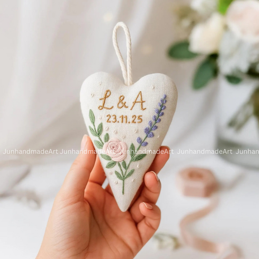 Tiny Flowers Wedding Heart Ornament – Hand Embroidered Linen Floral Ornament with Names & Date – Custom Wedding Christmas Gift Decoration