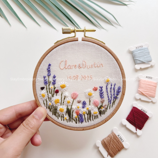 Custom Embroidered Lavenders & Daisies Wedding Hoop Custom Floral Wedding Hoops Wedding Gift