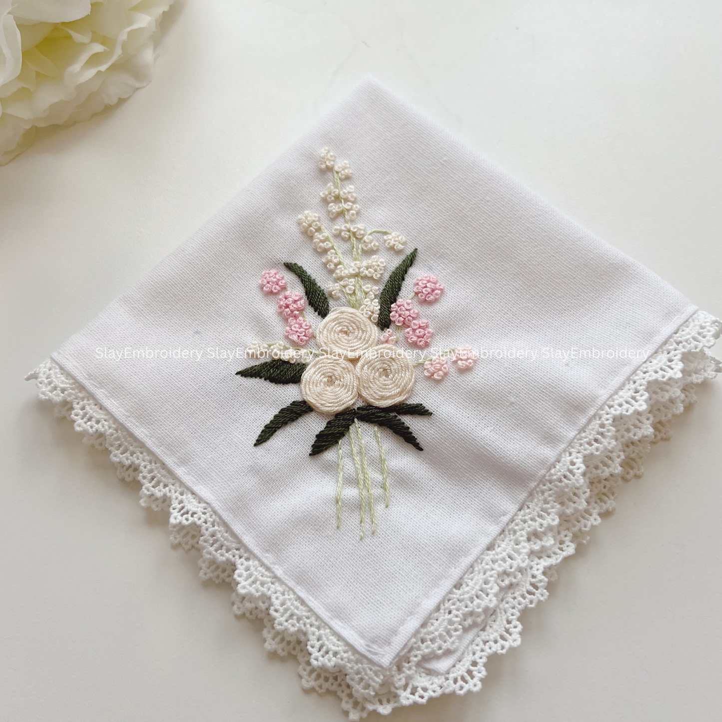 Ivory Rose Wedding Handkerchief, Custom Embroidered Handkerchief, Linen Handkerchiefs