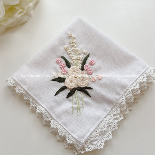 Ivory Rose Wedding Handkerchief, Custom Embroidered Handkerchief, Linen Handkerchiefs