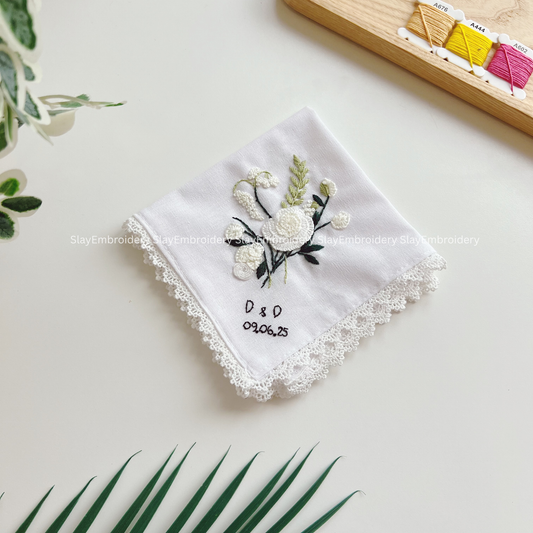 White Bloom Wedding Handkerchief, Custom Embroidered Handkerchief, Linen Handkerchiefs