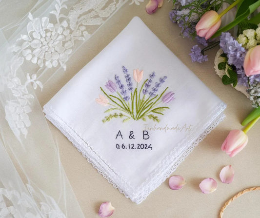 Embroidered Wedding Handkerchief – Custom Floral Hankie for Bride, Bridal Gift, Personalized with Name & Date, Gift for Bride