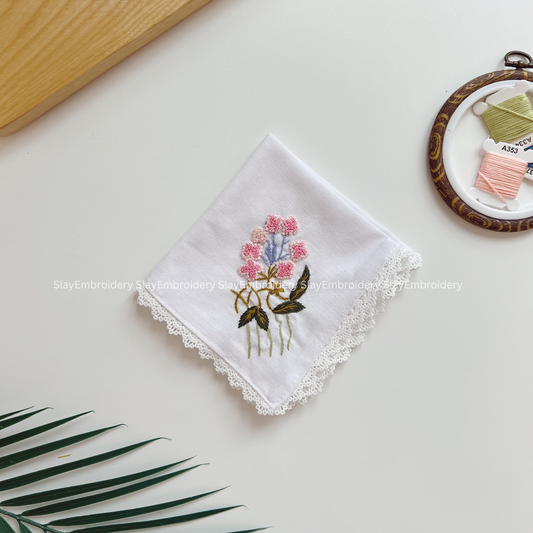 Pink Flower Wedding Handkerchief, Custom Embroidered Handkerchief, Linen Handkerchiefs