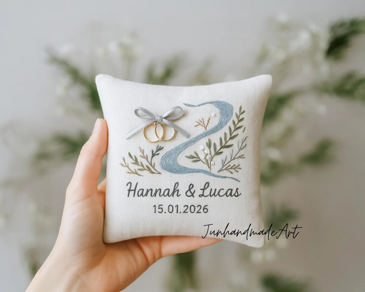Personalized Embroidered Ring Bearer Pillow, Winter Leaf Linen Wedding Gift, Hand Embroidery Ring Holder Leaf Woodland Pillow, Custom Name