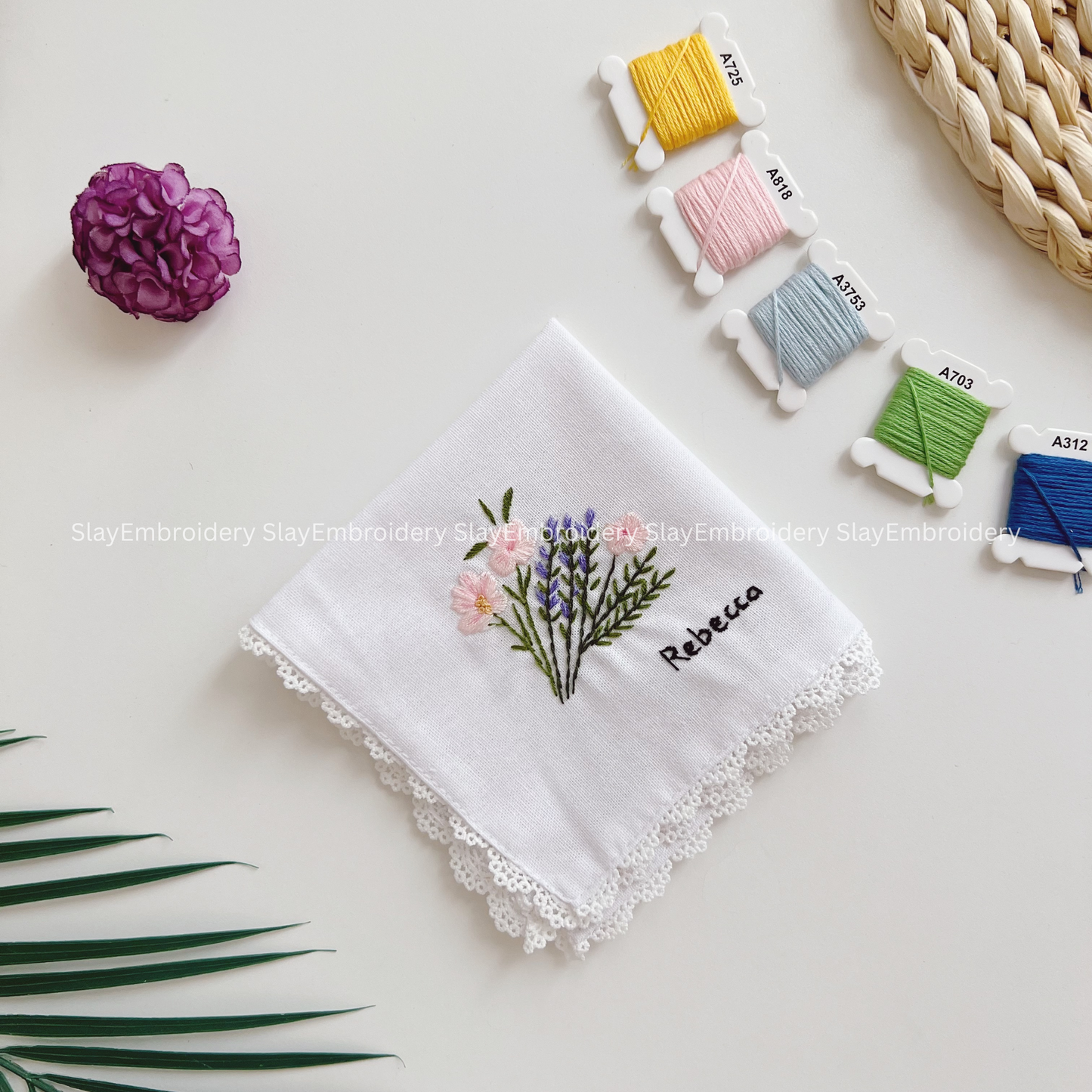 Lavender Blush Kiss Wedding Handkerchief, Custom Embroidered Handkerchief, Linen Handkerchiefs