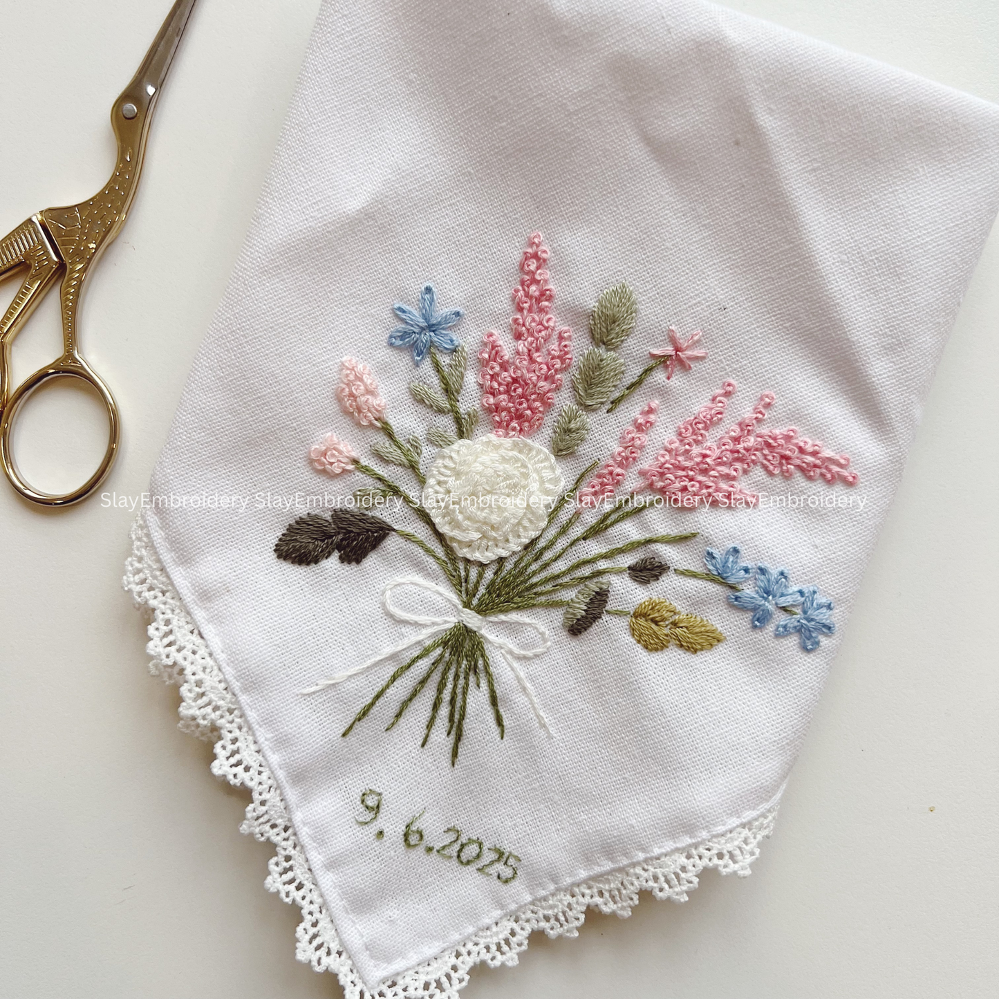 Pastel Garden Wedding Handkerchief, Custom Embroidered Handkerchief, Linen Handkerchiefs