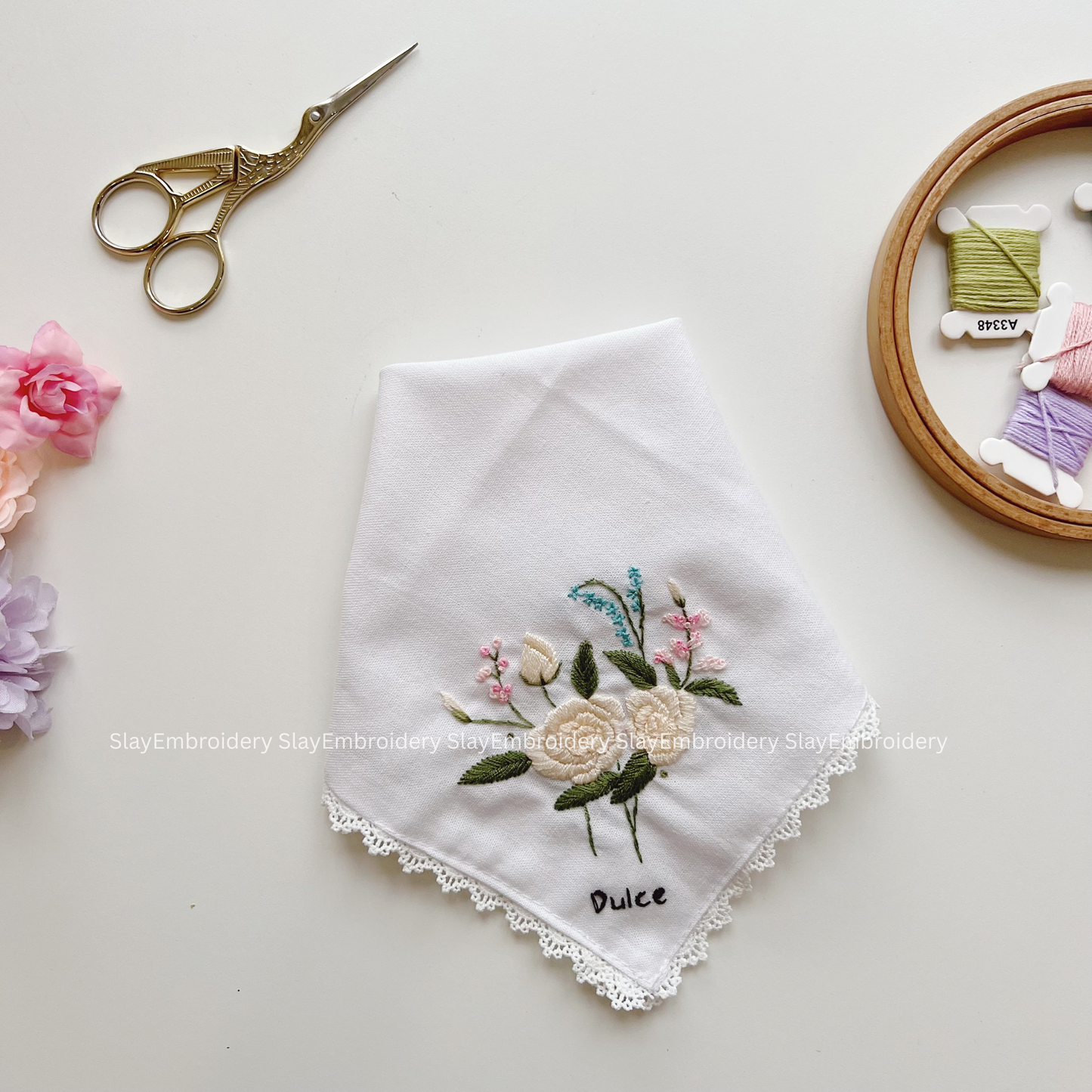 White Roses Wedding Handkerchief, Custom Embroidered Handkerchief, Linen Handkerchiefs