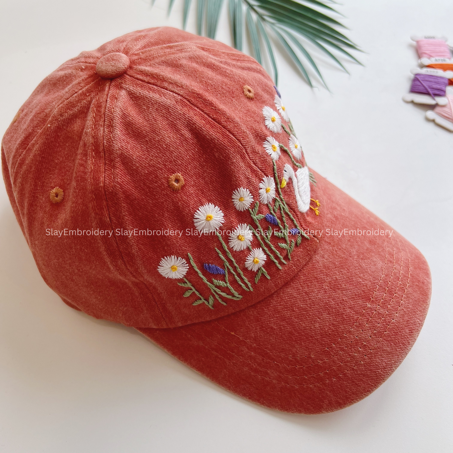 Duck In The Daisy Rose Garden Summer Hand Embroidery Hat Vintage Hat Washed Baseball Cap