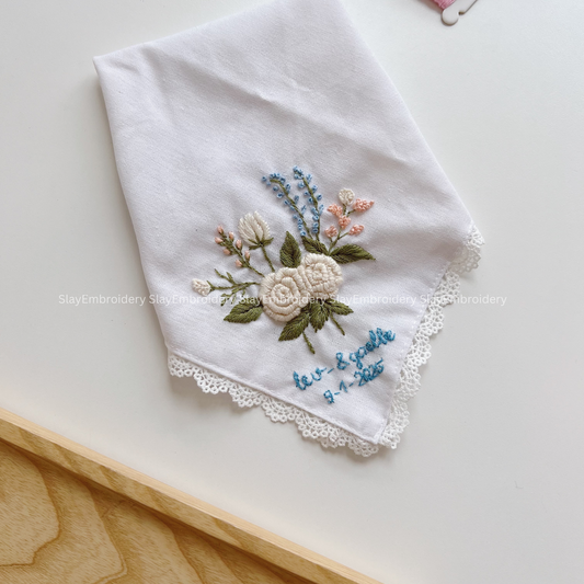 3D Floral Wedding Handkerchief, Custom Embroidered Handkerchief, Linen Handkerchiefs
