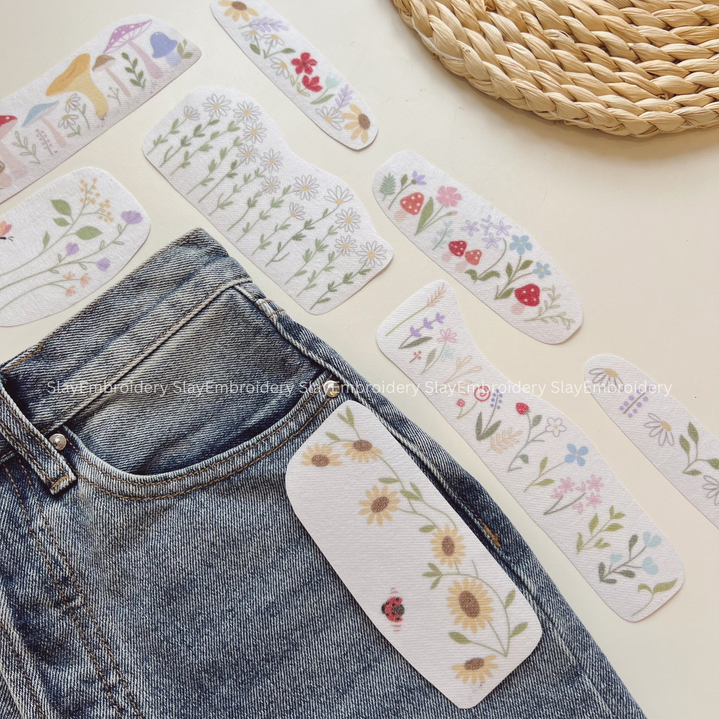 Flowers Design For Cuffed Jeans Jeans Cuff Embroidery Pattern For Beginner Easy To Use Stick and Stitch