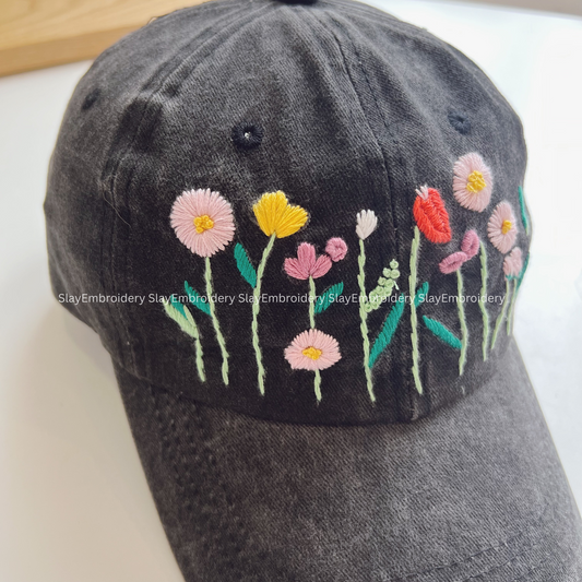 Floral Whispers Summer Hand Embroidery Hat Vintage Hat Washed Baseball Cap