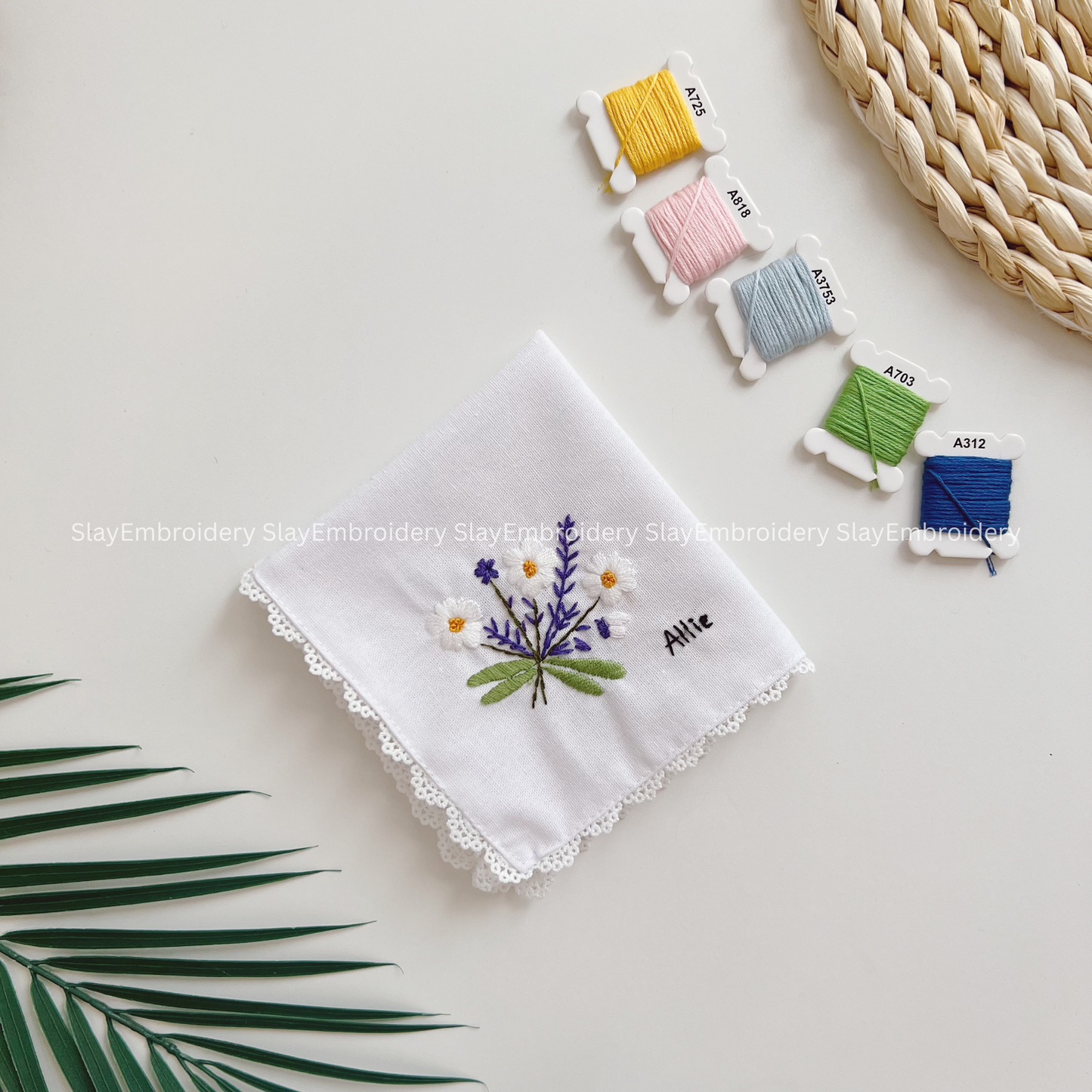 Daisy Lavender Sky Garden Wedding Handkerchief, Custom Embroidered Handkerchief, Linen Handkerchiefs