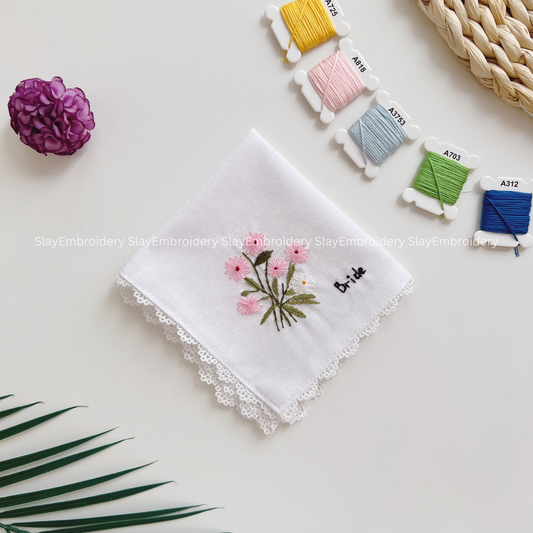 Rosy Symphony & White Note Wedding Handkerchief, Custom Embroidered Handkerchief, Linen Handkerchiefs