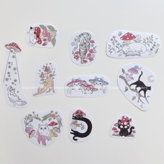 Cat & Mushroom Embroidery Pattern For Beginner Easy To Use Stick and Stitch