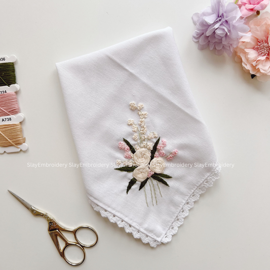 Rose Wedding Handkerchief, Custom Embroidered Handkerchief, Linen Handkerchiefs