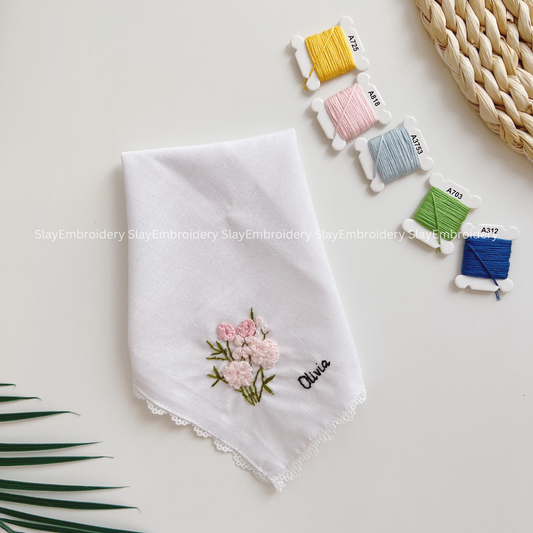 Rosy Daydream Wedding Handkerchief, Custom Embroidered Handkerchief, Linen Handkerchiefs