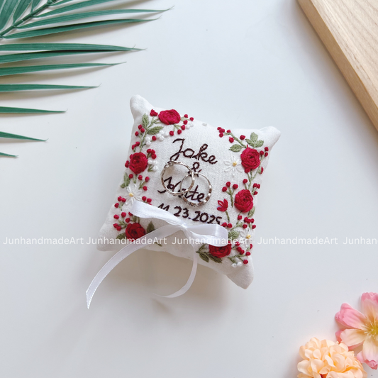 Red Roses Bearer Pillow Linen Wedding Cushion Hand Embroidery Ring Holder Floral Ring Pillow Wedding Gift
