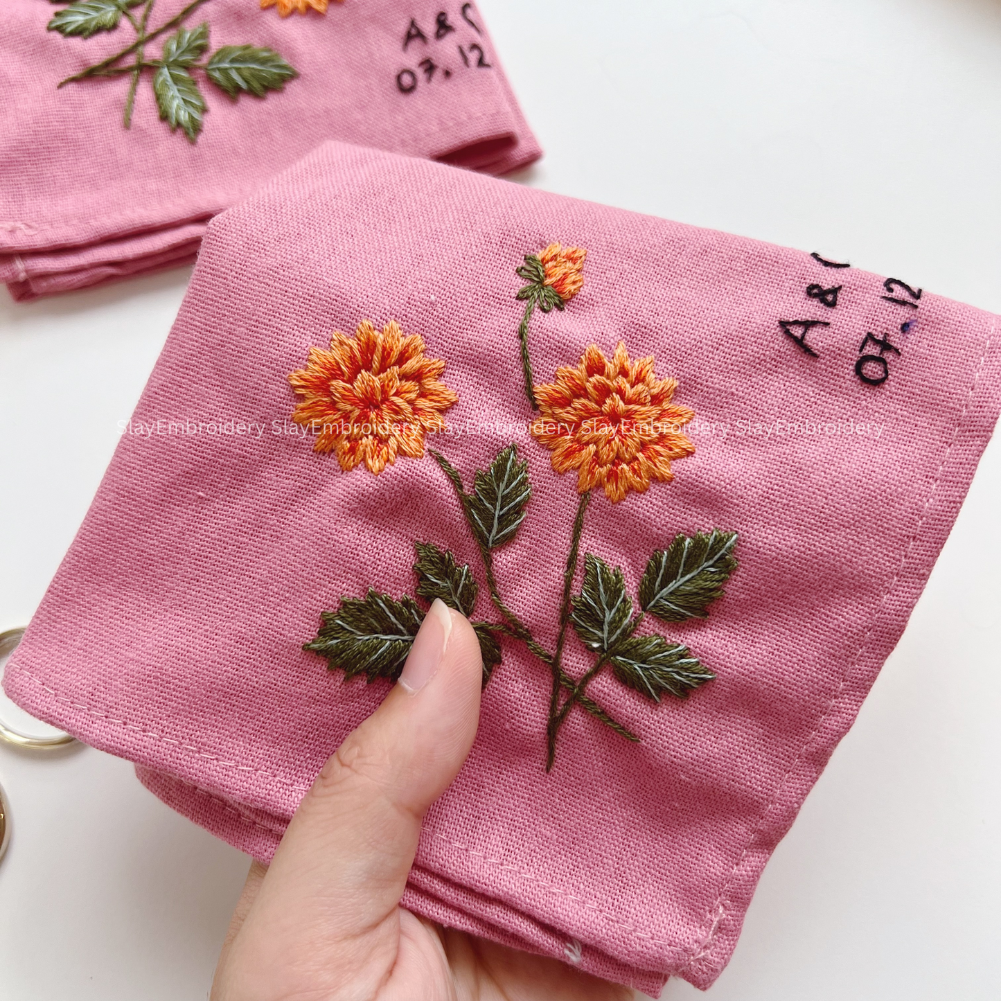 Dahlia Whispers Wedding Handkerchief, Custom Embroidered Handkerchief