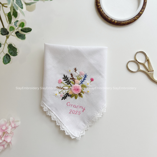 Rose & Daisy Wedding Handkerchief, Custom Embroidered Handkerchief, Linen Handkerchiefs
