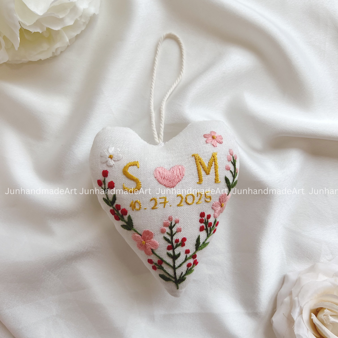 Pink Floral Heart Ornament – Hand Embroidered Linen Floral Ornament – Custom Decoration