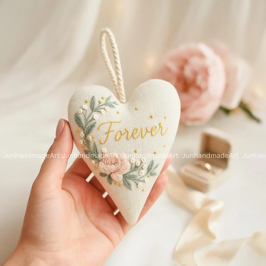 Sophisticated Roses Wedding Heart Ornament β Hand Embroidered Linen Floral Ornament with Names & Date β Custom Wedding Christmas Gift Decoration