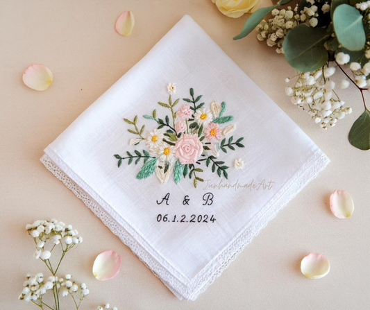 Embroidered Wedding Handkerchief – Custom Floral Hankie for Bride, Bridal Gift, Personalized with Name & Date, Gift for Bride