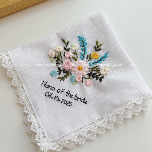 Pastel Meadow Wedding Handkerchief, Custom Embroidered Handkerchief, Linen Handkerchiefs