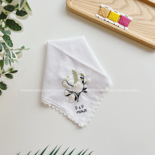 White Bloom Wedding Handkerchief, Custom Embroidered Handkerchief, Linen Handkerchiefs