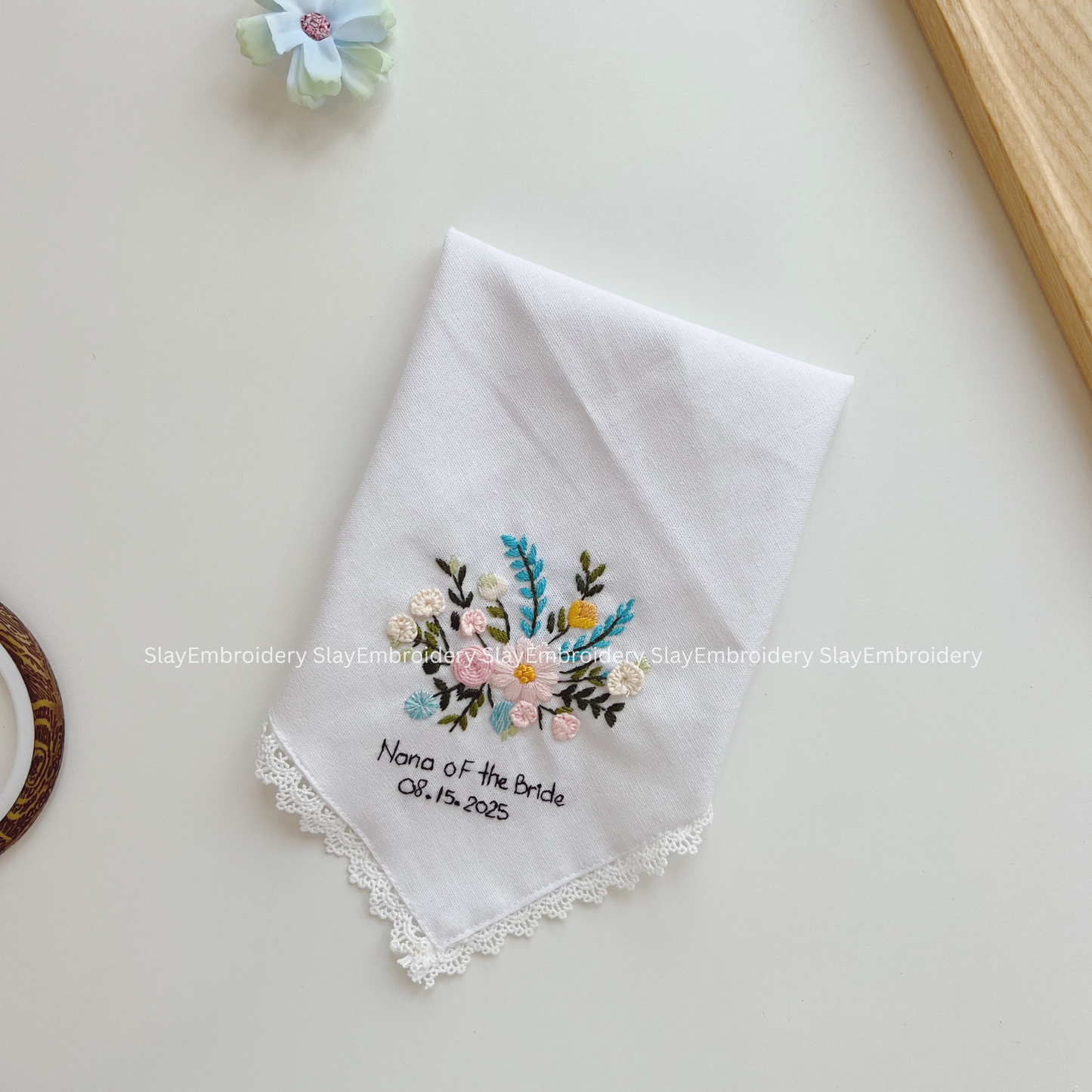 Pastel Meadow Wedding Handkerchief, Custom Embroidered Handkerchief, Linen Handkerchiefs