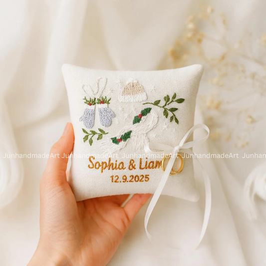 Mistletoe Bearer Pillow Linen Wedding Cushion Hand Embroidery Ring Holder Floral Ring Pillow Wedding Gift