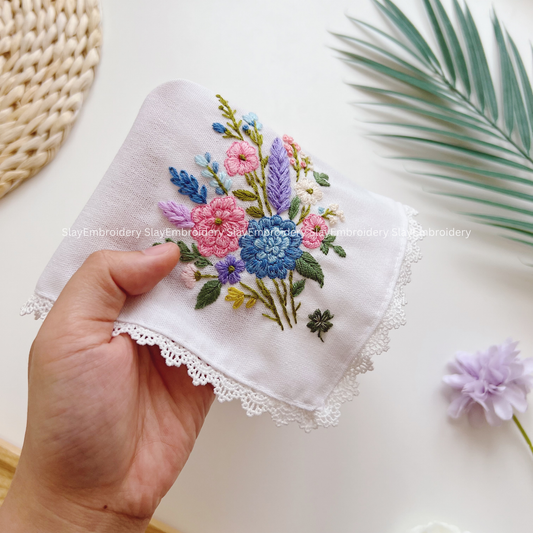 Pastel Garden Wedding Handkerchief, Custom Embroidered Handkerchief, Linen Handkerchiefs